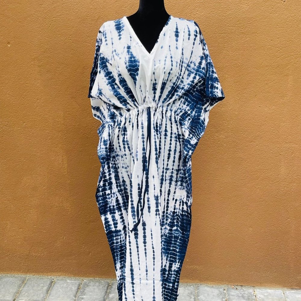 BRAND NEW Blue White Cotton Kaftan Long Maxi Dress for Women Plus Size Dress